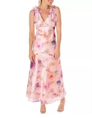 Maison Tara Women's Pink Multicolor Sleeveless V-Neck Maxi Dress Size 6